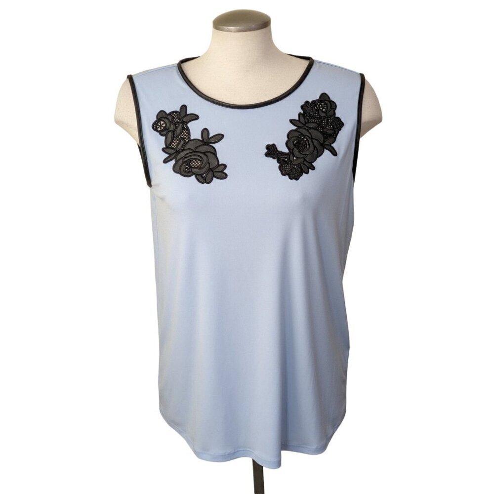 *Karl Lagerfeld Women Sleeveless Top M Icy Blue Floral Patch Faux Leather Trim